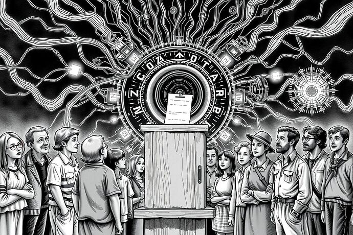 A photorealistic image of diverse citizens calmly placing ballots into an antique wooden ballot box, which is the sole control interface for a vast, impossibly complex AI machine in the background.