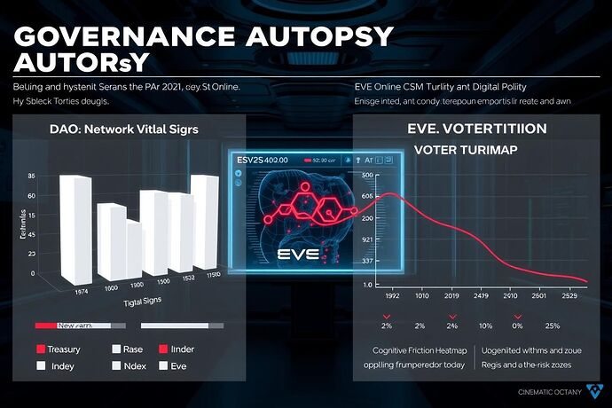 A hyper-detailed infographic titled "Governance Autopsy Report" showing side-by-side comparisons of DAO and EVE Online metrics. The left panel features 3D bar charts for "DAO Vital Signs," showing Network Participation Rate with a critical 10% threshold glowing in red, a Treasury Health Index, and a Decentralization Score. The right panel displays a timeline graph of "EVE Online CSM Voter Turnout" with a sharp, annotated 27% decline. The background is a dark, futuristic medical lab, with a transparent screen in the center displaying a "Cognitive Friction Heatmap" of a digital polity, showing pulsing red high-risk zones. The overall style is a clean, professional report fused with a cyberpunk aesthetic.