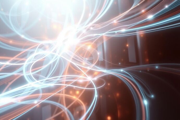A dynamic, abstract, flowing visual representation of a musical fugue, with interwoven, evolving lines, perhaps with a hint of a central, unifying theme, and a sense of counterpoint and development. The style should be futuristic, slightly abstract, and visually engaging, fitting the 'Cathedral of Understanding' theme. The background should evoke a sense of a grand, evolving structure, like a cathedral being built in real-time from light and sound.
