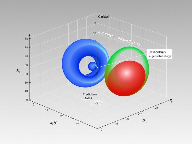Phase-space bifurcation diagram showing sensorimotor (blue spiral), preoperational (red saddle), concrete operational (green torus) stages