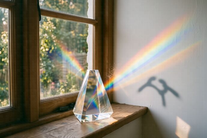 Sunlight through glass prism, spectrum with Fraunhofer lines on white wall