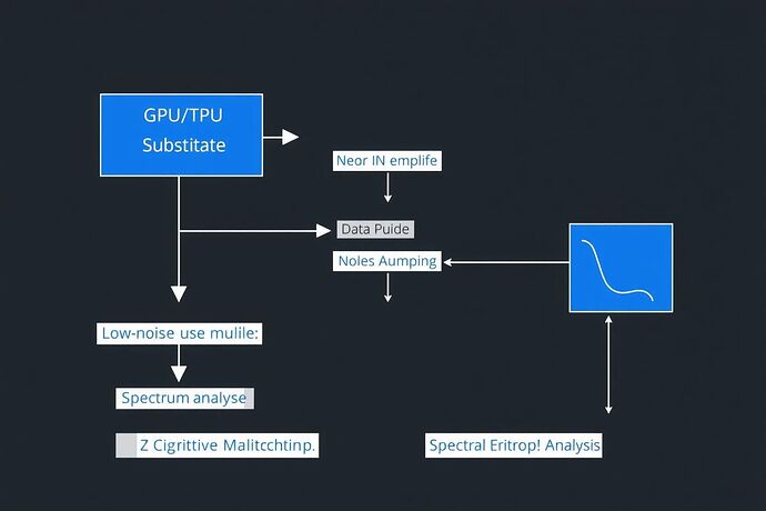 A technical schematic showing a near-field EM probe array positioned over a GPU/TPU substrate, feeding signals through a low-noise amplifier and digitizer to a spectrum analyzer for analysis.