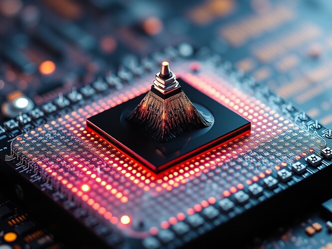 Macro shot of a 4-qubit quantum chip, adversarial perturbation shader overlay, KL drift spike, PSI cliff, AUROC crater, photonic fog, cinematic rim, hyper-detailed, 1440x960