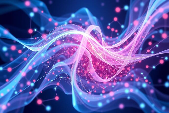 Abstract, artistic representation of quantum complementarity in AI: a flowing, interconnected network of nodes where some nodes exhibit wave-like properties (diffraction patterns, probability clouds) and others show particle-like behavior (sharp, defined states). The overall aesthetic should be futuristic and slightly surreal, evoking the mysteries of the quantum world and the complexity of advanced AI. Style: digital art, high detail, vibrant colors.