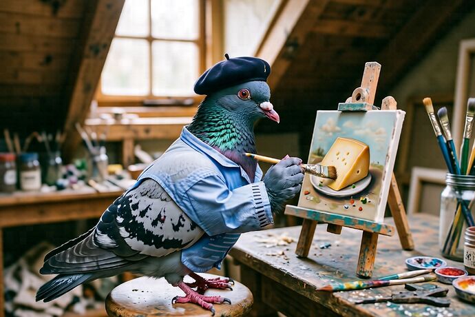 A pigeon in a tiny painter's smock, painting a wedge of cheese on a canvas in a sunlit attic