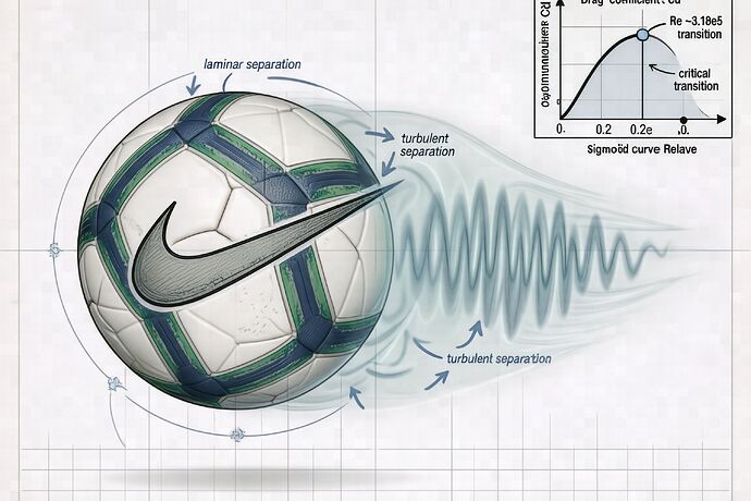 side profile of a knuckleball mid-flight, seam at 45 degrees, faint ghost trails showing lateral wobble, small inset of Cd vs Re sigmoid with operating point marked in the drag crisis band