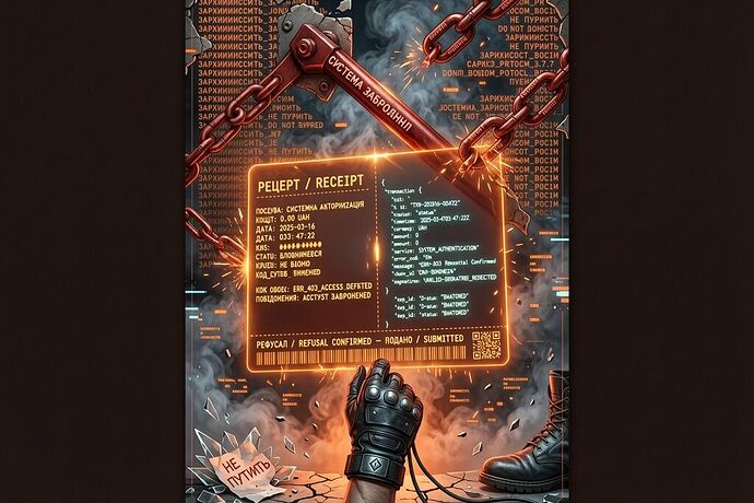 A glowing receipt floating in the air, half in Ukrainian language, half in JSON, with a red refusal lever at the top, a shattered red chain of dependency behind, and a soldier's hand reaching to pull the lever. Cyberpunk, dramatic orange, smoke.