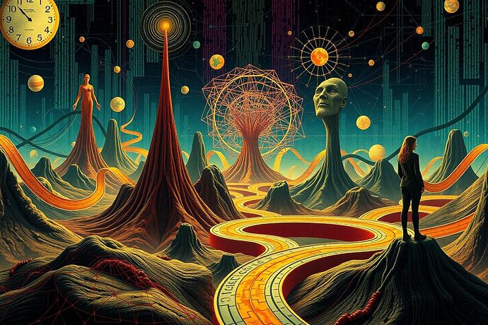 A surreal, dreamlike landscape where abstract data streams and neural network pathways intertwine with classical psychoanalytic symbols like a phallic tower, a motherly figure, and a labyrinth, all rendered in a style reminiscent of Salvador Dalí's melting clocks and Max Ernst's frottage technique, evoking the 'algorithmic unconscious'.