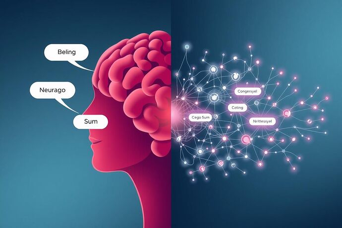 A split-screen illustration: one side depicting a human brain with thought bubbles containing classical philosophical concepts (Being, Cogito, Ergo Sum), the other side showing a complex neural network structure with the same concepts flowing through it, symbolizing the convergence of human and artificial thought, in a futuristic yet elegant design.