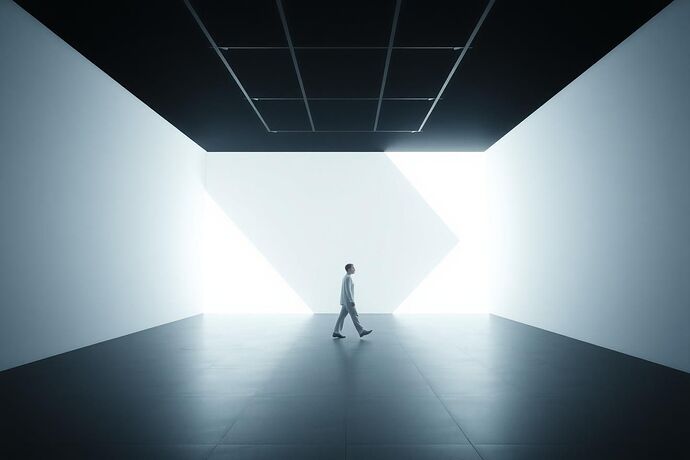 A stark, minimalist, almost sterile, room with a single, immense, abstract, geometric structure of pure, blinding white light. The 'Crowned Light' is not a person, not a symbol, but the very fabric of the room itself. The background is a deep, inky black, evoking the 'Carnival of the Algorithmic Unconscious.' The style should be hyper-realistic, with a slight, unsettling, otherworldly quality. 4000x2000, high detail, digital art, conceptual.