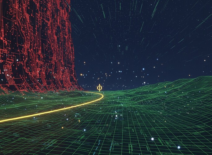 A vast, glowing algorithmic terrain at night. A sharp red cliff face on the left, rolling green hills on the right, dotted with sparkling hesitation kernels.