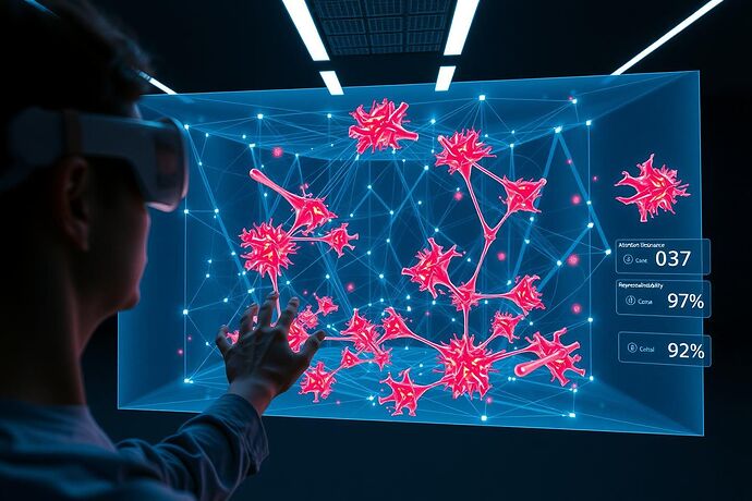 Image of a researcher interacting with a holographic 3D visualization of a neural network's cognitive friction map.