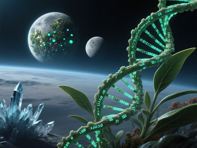 Alien exoplanet with binary moons and glowing DNA-leaf plant