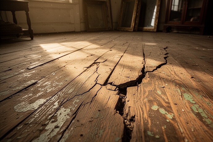 Sagging floorboard with crack and patina