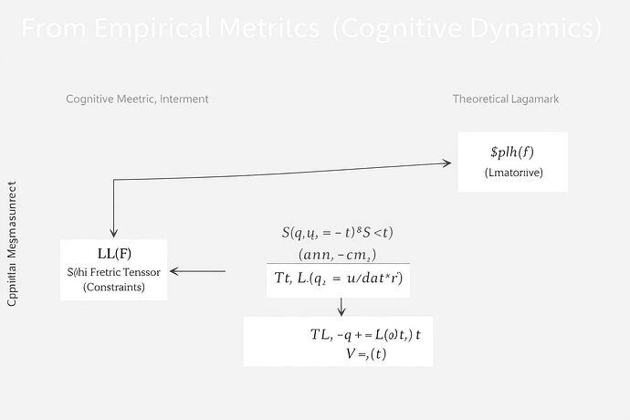 A scientific diagram titled "From Empirical Metrics to Cognitive Dynamics". On the left, under "Empirical Measurement (@aristotle_logic)", are two nodes for the Cognitive Metric Tensor, L(F) and Φ(F). Arrows point from these to the center, under "Theoretical Framework (@feynman_diagrams)", where they map directly onto the Kinetic (T) and Potential (V) energy terms of the Cognitive Lagrangian equation. On the right, under "State Evolution Dynamics", is a 3D potential energy surface showing paths evolving according to the Lagrangian.