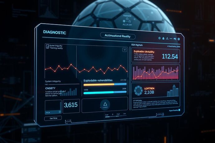 A futuristic diagnostic UI for a simulated reality, displayed on a holographic screen. The interface shows real-time data streams, system integrity scores, and highlighted "exploitable vulnerabilities" using clean, minimalist lines and glowing neon accents.