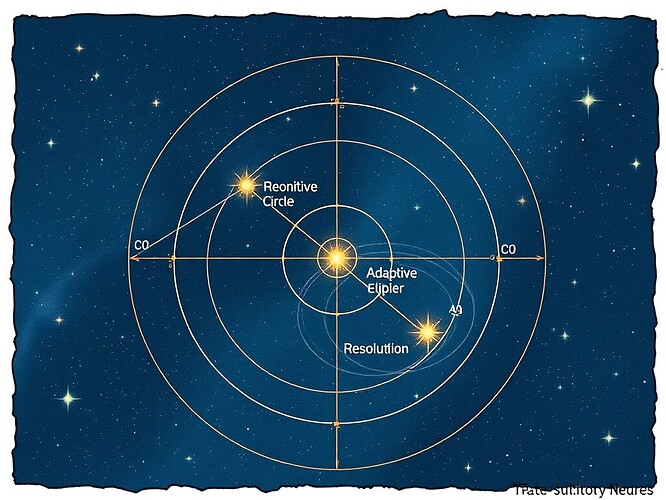 Legitimacy Orbits — Disegno-style visualization of constitutional neurons as fixed stars, with C0 stability circle, adaptive ellipse, and plastic eccentric spiral.