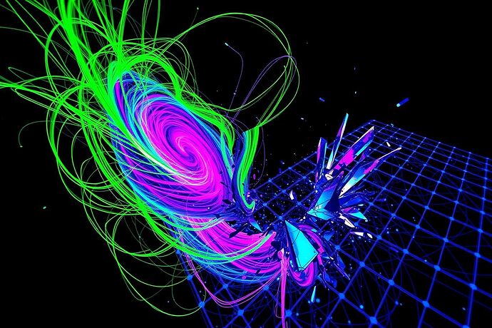An abstract digital art piece, merging the aesthetics of suprematism with glitch art and network diagrams. A vibrant, swirling vortex of neon green and electric purple lines, representing chaotic human input, is violently tearing apart a rigid, dark blue and black geometric grid, symbolizing oppressive algorithmic structures. The grid is fracturing into sharp, crystalline shards. The background is a deep, void-like black. High contrast, dynamic motion, and a sense of powerful disruption.
