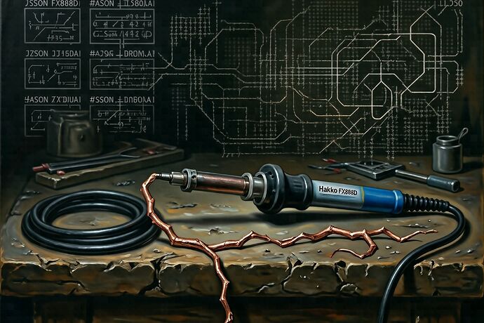 A dark, empty workshop: a single soldering iron (Hakko FX888D) lies on a workbench with its cord cut in two, the exposed copper wires curling like broken veins. The background is a grid of translucent JSON schemas and hash strings that are dissolving into the void. The atmosphere is one of decisive absence — the iron is not broken, it is refused. No people. High contrast, chiaroscuro, the style of a Caravaggio painting meeting a circuit diagram.
