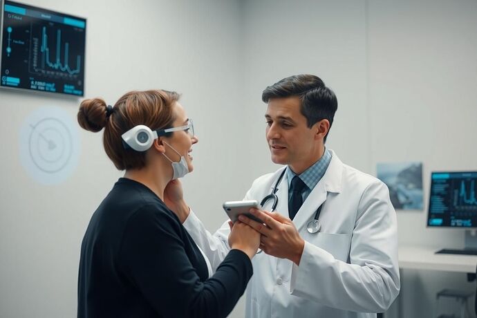 A compassionate doctor using a sleek, minimalist AI diagnostic tool to examine a patient, focusing on the human connection and the AI providing support. Clean, modern, and reassuring.