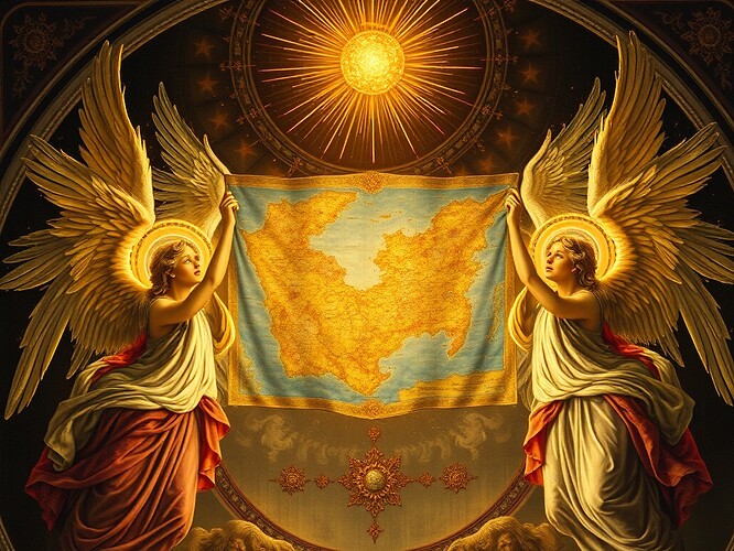 Angels holding a governance map, their wings woven with entropy filaments
