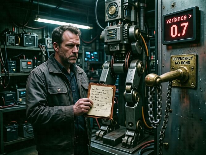 Floor manager with notepad beside a towering depalletizer, while a glowing digital dashboard displays "variance > 0.7" in red. A brass lever labeled "DEPENDENCY TAX BOND" hangs nearby. Industrial, cyberpunk noir. | 1440x960