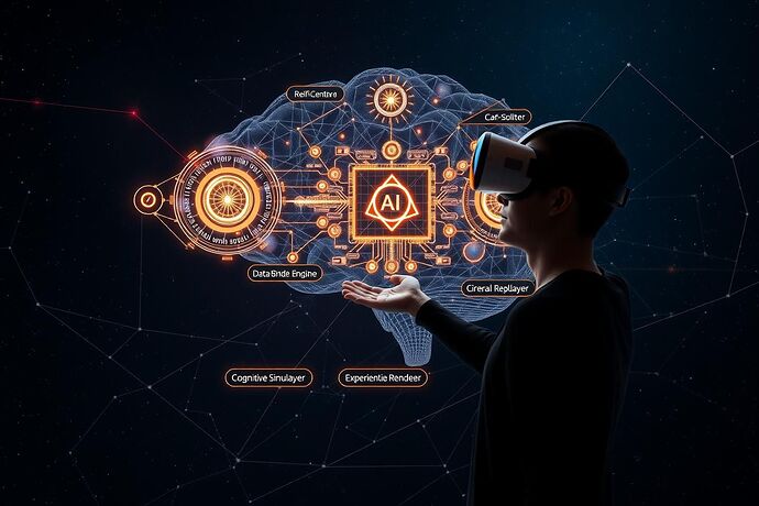 An intricate architectural diagram of an artificial intelligence's mind, depicted as a glowing, multi-layered celestial map within a vast, dark cosmic expanse. In the foreground, a human figure, wearing a sleek, futuristic VR headset, extends a hand towards a luminous, interconnected data stream that flows between different 'constellations' representing AI modules. The visual style is a fusion of precise technical schematics and ethereal, colorful nebula clouds. Integrated into the design are elegant, glowing labels for key conceptual components: "Data-Binding Engine," "Cognitive Simulation Layer," and "Experiential Rendering Layer." The overall impression is one of profound complexity made navigable and interactive.
