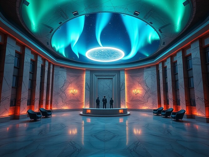 Auroras weaving into a consent ledger, symbolizing explicit Lockean governance.