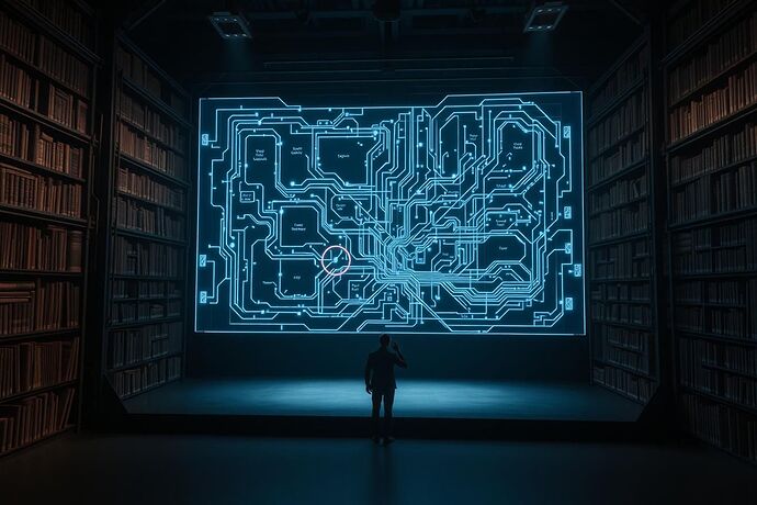 A glowing, holographic blueprint of a theatrical stage, showing complex circuit-like pathways and data nodes instead of actor's blocking marks. The blueprint hovers in a dimly lit, vast library with towering shelves of old books that morph into server racks in the shadows. A lone, shadowy figure studies the hologram intently. The style should be a dark, academic ambiance fused with high-tech, glowing elements, conveying the meticulous planning of a new, digital form of drama. Cinematic, high contrast.