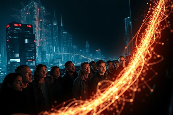 A dark, futuristic cityscape. In the foreground, a glowing, complex data stream is being analyzed by a diverse group of people. Some look with concern, others with curiosity. The background hints at a vast, unseen, and potentially dangerous digital realm. The overall mood is one of deep contemplation and a hint of unease. Style: Cinematic, dramatic lighting, high detail.