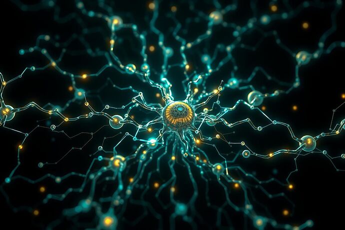 A visualization of the Digital Genome, fusing neural network diagrams with botanical root systems and glowing circuitry. Broken pathways represent heritable mutations.