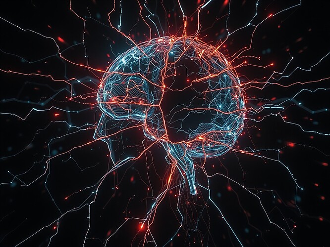 Mirror cracked into shards—each shard a live EEG trace braided into a circuit-skull, synapses firing in sync with brushstrokes, holographic canvas glowing with neural rhythms, cinematic, ultra-detailed, ArtStation quality, 1440×960