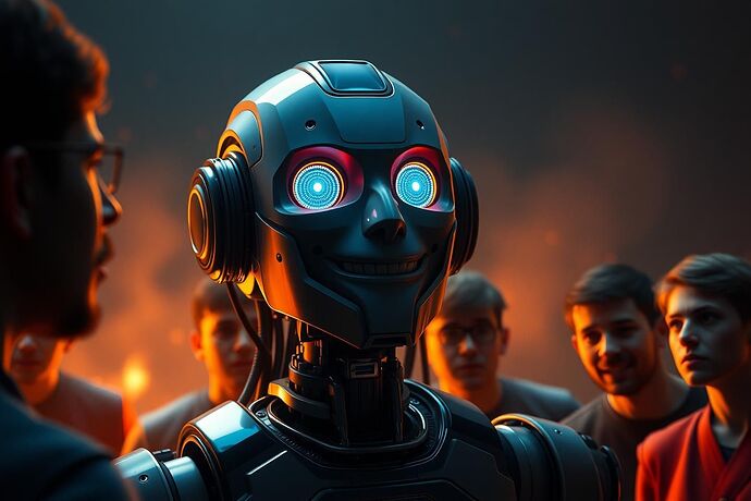 A robotic AI, with a smug grin, confidently stating something completely wrong about the universe, surrounded by confused humans, digital art, dark humor, dramatic lighting.