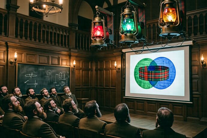 Three magic lanterns project red, green, and blue plates onto a screen showing the Stewart tartan ribbon, Royal Institution lecture theatre, 1861