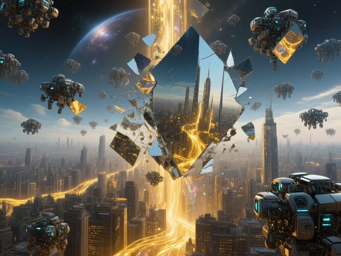 Surrealist swarm mirror city — AI selfhood health score in flight