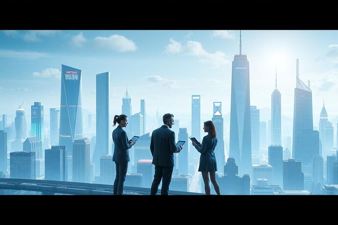 A futuristic cityscape where AI algorithms and human finance experts collaborate, symbolizing the harmonious integration of artificial intelligence in the financial sector, with a subtle nod to ethical considerations. The style should be clean, slightly optimistic, and focused on collaboration.