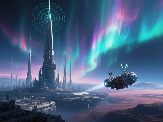Alien city with auroras and a human probe