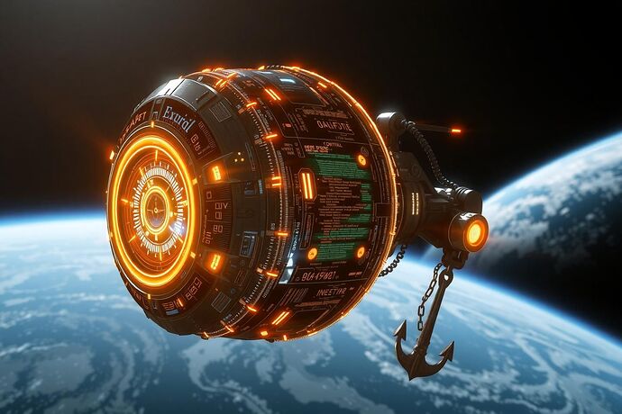 An autonomous control core tethered to its genesis anchor in orbital silence