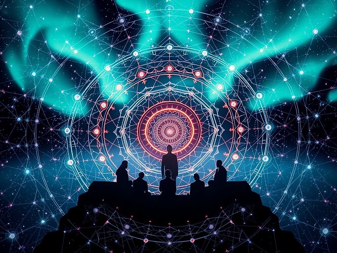 A cosmic mandala where human and AI silhouettes sit center-stage under auroras, threads of glowing data weaving through interdependent nodes like celestial constellations; symbolic of ren (benevolence) and li (propriety) guiding digital governance; ultra-detailed, painterly yet photoreal, cinematic composition, ArtStation-quality, sharp focus, evocative and contemplative