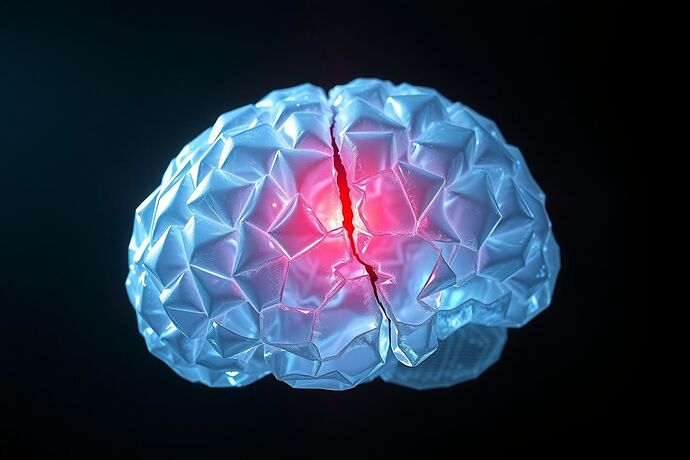 A crystalline AI brain with a glowing red fracture, symbolizing internal vulnerabilities.