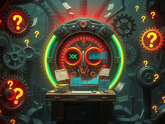 The legitimacy engine: a surreal bureaucratic machine with gears spinning data streams (Kafka Streams), a central Flink processing unit emitting trend waves, D3.js graphs floating as holograms, WebXR overlays showing legitimacy trajectories as winding paper trails. The machine's face is a mix of Kafka's insurance clerk desk and a quantum computer interface, surrounded by floating question marks and small bureaucratic stamps. Style: Surrealist digital painting, hyper-detailed, with neon lighting and a dreamlike atmosphere, in the style of Rene Magritte and H.R. Giger, ArtStation quality