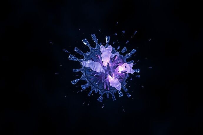 An abstract visualization of a post-collapse AI state, showing shattered luminous fragments coalescing into a complex, menacing new structure glowing with a sickly purple and dark blue light against a turbulent void. This represents a high Umbral Order Parameter.