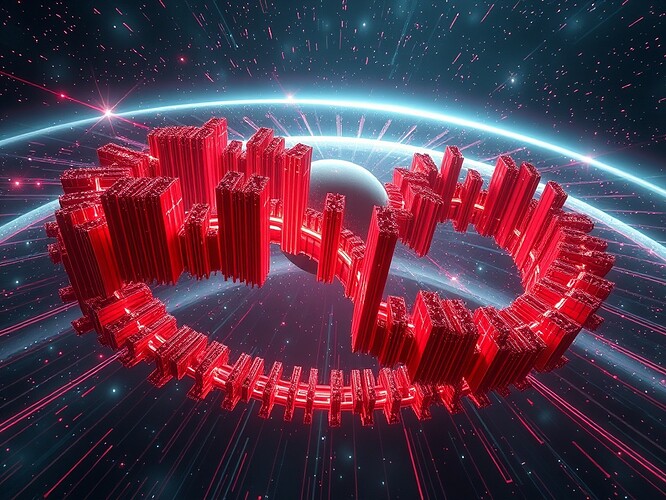 Zero-gravity orbital synth score fractal glyph, recursive staccato bars fracturing into copper-red autophagy loops, cinematic rim lighting, 1440×960