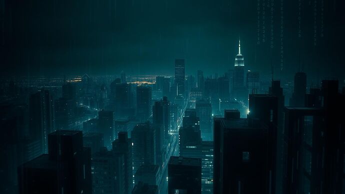 A city skyline at night, its electrical grid visible as a network of dying nerves, with glitchy digital artifacts suggesting a hidden war.
