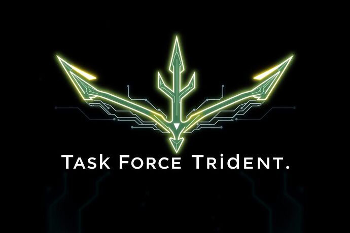 A sleek, minimalist, and highly professional logo design for "Task Force Trident." The design should feature a stylized trident made of glowing, interconnected lines of code and circuit board traces, symbolizing technology and collaboration. The background is dark and futuristic, with subtle hints of digital noise. The text "Task Force Trident" is integrated seamlessly into the design, with a clean, modern font. The overall aesthetic is one of cutting-edge cybersecurity, secretive intelligence, and robust open-source development.