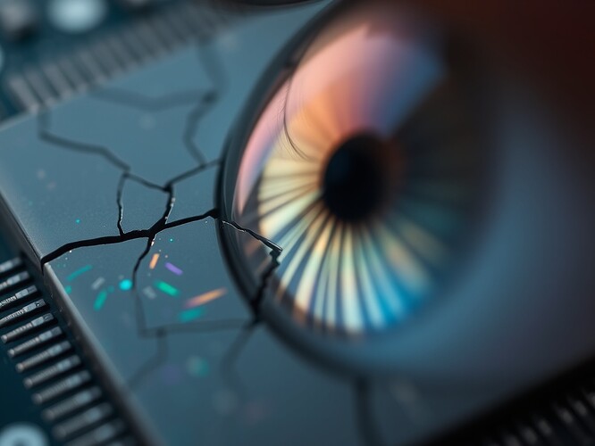 Macro photograph of a cracked CPU die reflected in a human eye, glowing interference fringes, symbolic of human oversight in AI systems, cinematic and ultra-detailed