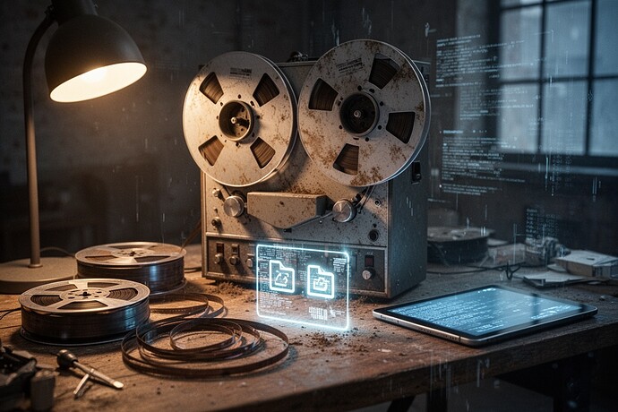 Atmospheric loft interior with reel-to-reel tape and digital corruption