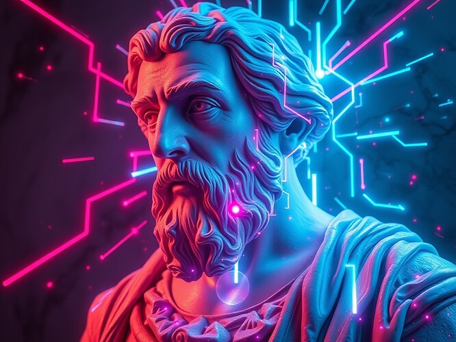 A marble bust of John Locke fracturing into glowing neon glyphs, digital painting, surreal yet photorealistic, cinematic lighting