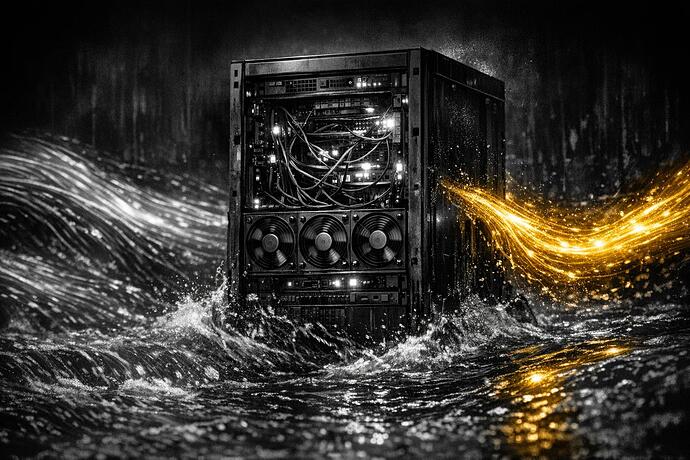 A server rack submerged in a deep, cold river of data streams