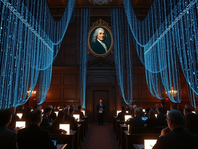 A municipal town hall chamber where citizens sign digital consent forms, their faces glowing softly, each casting a visible stance into a blockchain ledger.